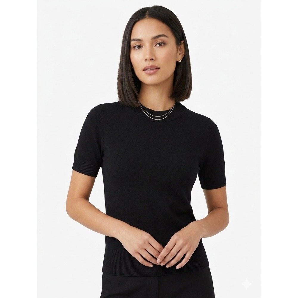 COS 100% Cotton Knit Top Crewneck Ribbed Hem Minimalist Solid Black Small